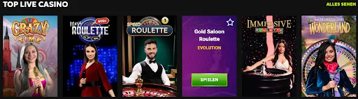 Erlebe erstklassige Live-Casino Action mit Roulette und Game Shows – jetzt live spielen bei RTBet Top Live Casino Spiele bei RTBet: Crazy Time, Mega Roulette, Speed Roulette, Gold Saloon Roulette, Immersive Roulette, Adventures Beyond Wonderland